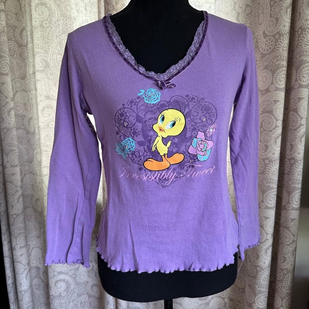 Looney Tunes Tweety Bird Purple Long Sleeve Sleep Top Lace Trim Y2K Large
